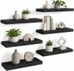 Floating Wall Shelves Set of 6, Black Wood Grain Wall Mounted Shelf with Metal Bracket