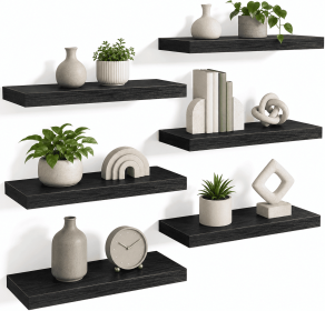 Floating Wall Shelves Set of 6, Black Wood Grain Wall Mounted Shelf with Metal Bracket