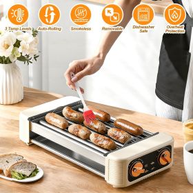3-in-1 Electric Sausage Griller, Hot Dog Roller with BBQ Grill & Flat Griddle, 3 Temperature Levels Smokeless Indoor Outdoor Grill for Sausages, Bacon
