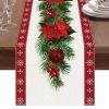 Watercolor Poinsettia Red Christmas Table Runner with White Snowflake
