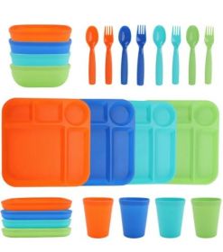 Your Zone 24-Piece Plastic Square Dinnerware Set for Kids with 4 Each Trays, Bowls, Plates, Cups, Forks, Spoons in Orange, Blue, Aqua, Green