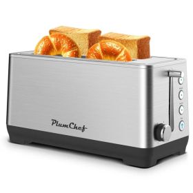 4-Slice Toaster, Extra Wide Long Slot Toaster, 6 Browning Settings, Bagel/Defrost/Reheat Functions, Removable Crumb Tray, Upgraded Stainless Stee (Option: Stainless)