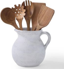 Rustic Kitchen Utensil Holder - 7.6 Inch Ceramic Utensil Crock for Countertop, Vintage Kitchen Counter Decor (Finish Type: Textured)