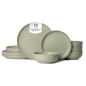 12-Piece Stoneware Dinner Plates Bowls Sets | Microwave & Dishwasher Safe | Non-Toxic Dinner Plates Bowls Set | Stackable Matte Glaze Kitchenware for (Main Color: Green, Main Material: Stone)