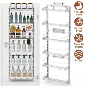 Over The Door Pantry Organizer 6-Tier Pantry Door Organizer Carbon Steel 110LBS Loading Easy Install Behind Door Storage For Closet Kitchen Bathroom 5 (Color: White)