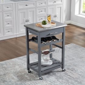 Mobile Rolling Kitchen Island Trolley Serving Cart with Underneath Drawer & Slide-Out Wire Storage Basket (Main Color: Grey, Main Material: Wood + Stainless Steel)