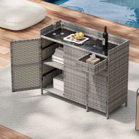 47.5"W Wicker Outdoor Storage Cabinet with Tempered Glass Desktop, Weather-proof Rattan Bar Table with Three Doors, Adjustable Shelf, and One Drawer (Color: Grey, Material: Rattan+Metal)