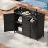 47.5"W Wicker Outdoor Storage Cabinet with Tempered Glass Desktop, Weather-proof Rattan Bar Table with Three Doors, Adjustable Shelf, and One Drawer