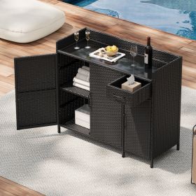 47.5"W Wicker Outdoor Storage Cabinet with Tempered Glass Desktop, Weather-proof Rattan Bar Table with Three Doors, Adjustable Shelf, and One Drawer (Color: Black Brown, Material: Rattan+Metal)