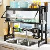 Over the Sink Dish Rack, Adjustable Carbon Steel Kitchen Sink Storage Rack with Utensil Rack, Knife Rack and Cutting Board Rack
